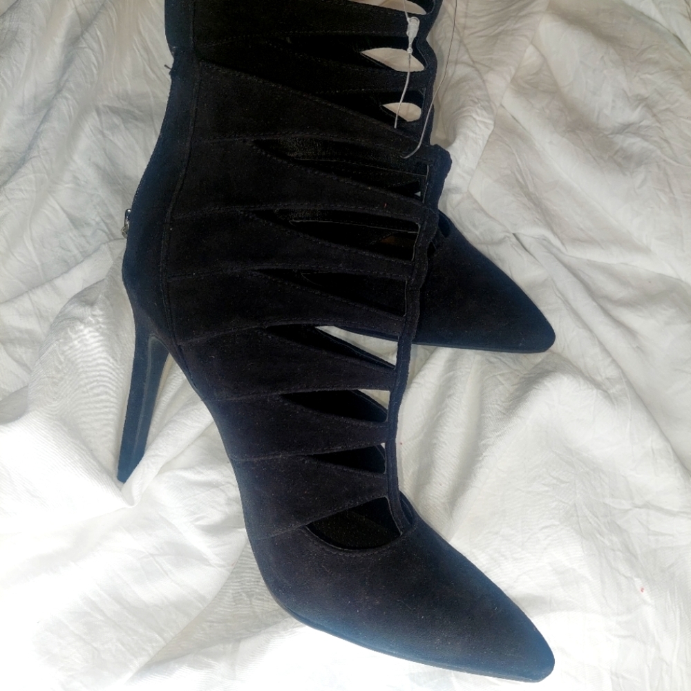 GUESS black suede caged ankle heels